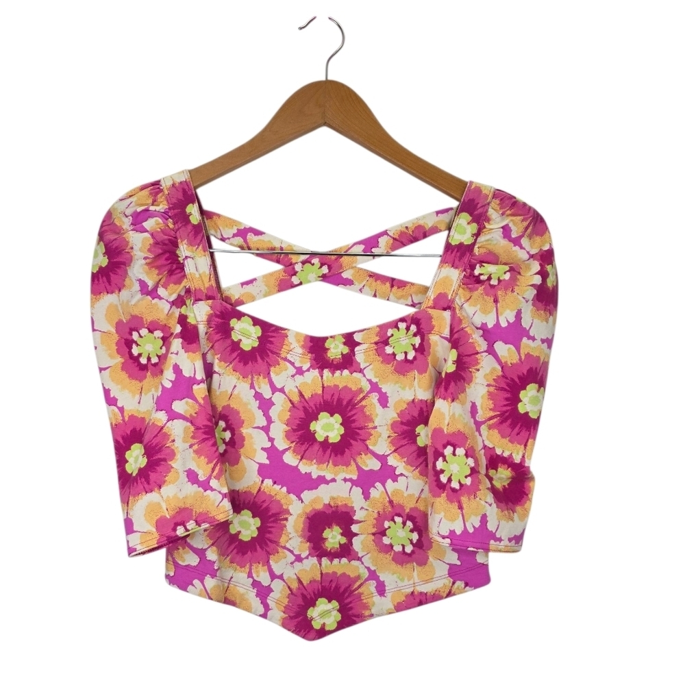 Free People Give Me More Crop Top Pop Combo Floral Shirt Pink Orange Size Small